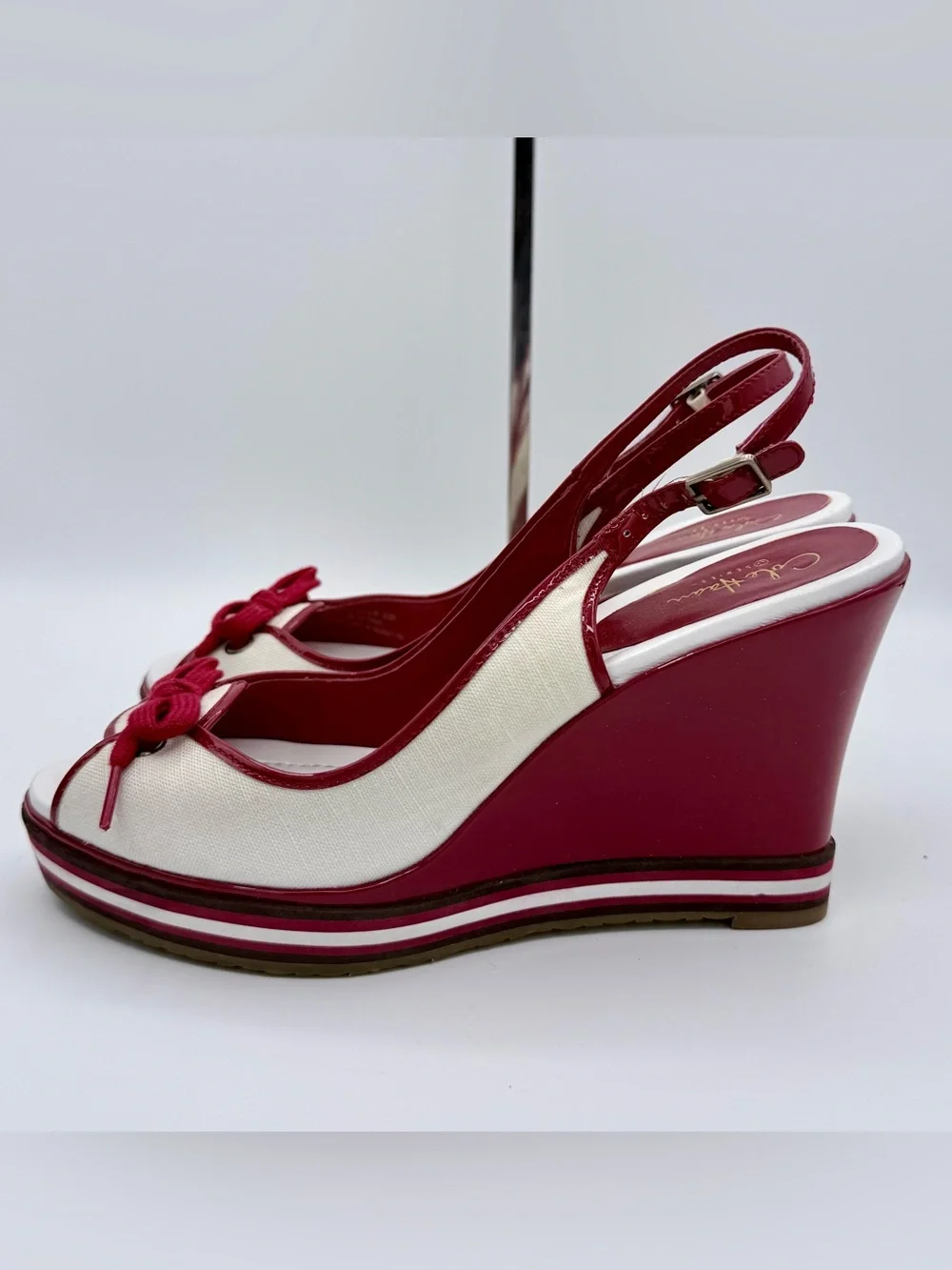 Cole Haan G Series Nike Air Wedge Sandals Canvas Patent Bow 8B